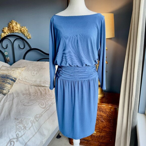 Evan Picone Royal Blue Boatneck Dress with Ruched Waist - Picture 1 of 10